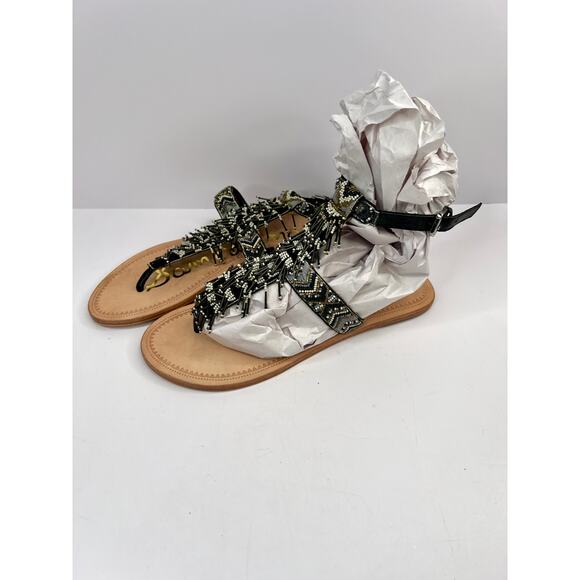 Sam Edelman Size 8 Beaded Fringe Gladiator Sandals Black Gray White NWOB - Picture 12 of 12